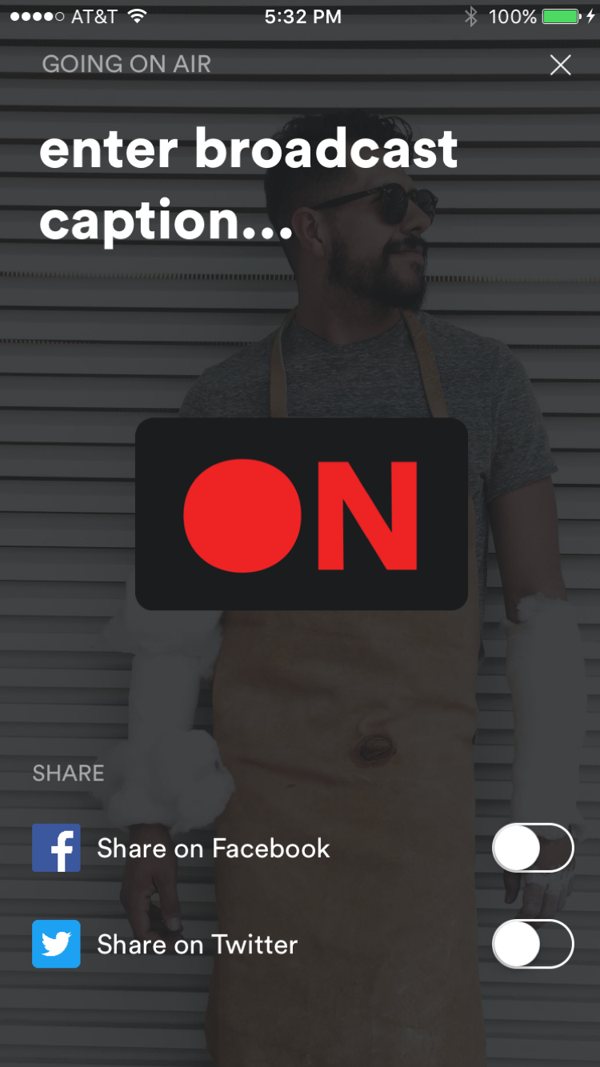 Going on air screen with caption and share toggles.