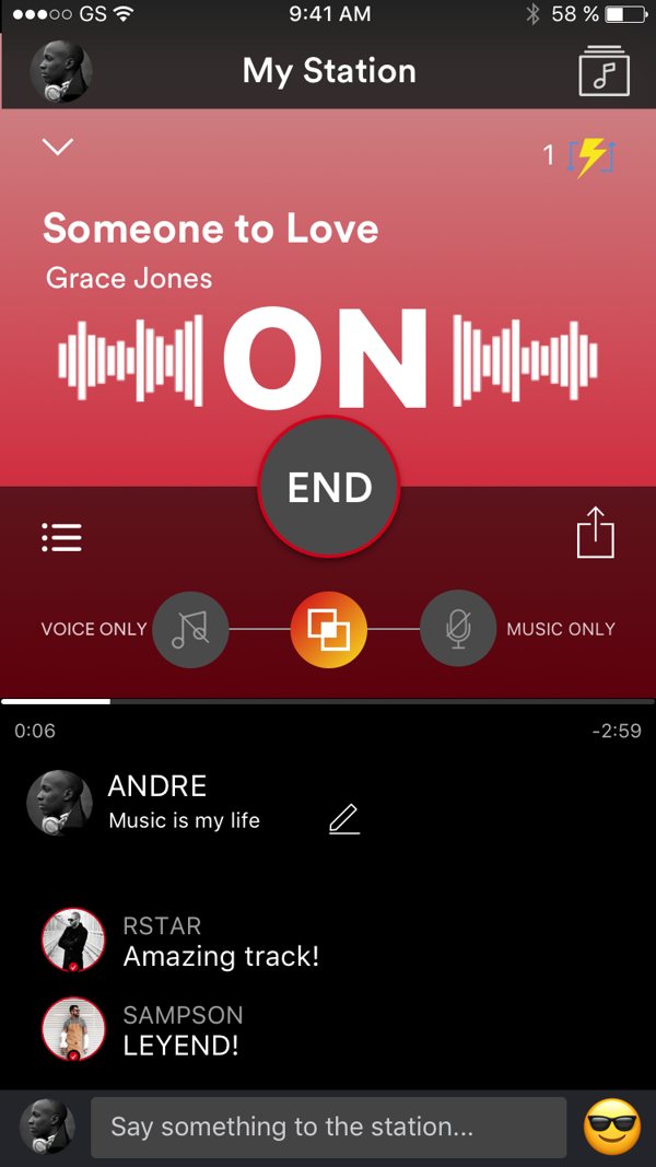 Live broadcast screen with the ON indicator and three-mode control bar.